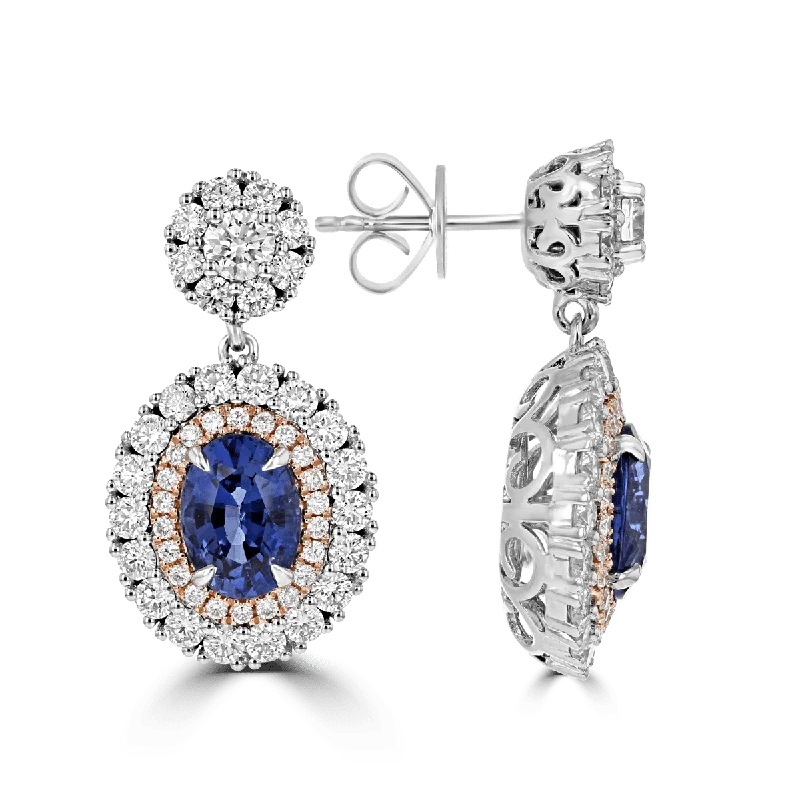 Ladies earrings stay shine -JULEVE 18KT 4.49 CTW SAPPHIRE & 3.35 CTW DIAMOND HALO EARRINGS