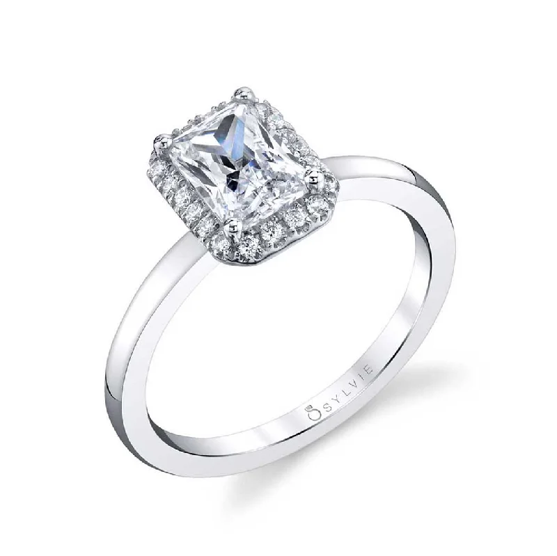 Ladies engagement rings etched charm -Sylvie Emerald Cut Engagement Ring With Halo SY293-EM