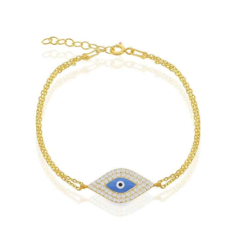 ladies bracelets tribal-Sterling Silver Center CZ & Blue Evil Eye Double-Strand Bracelet