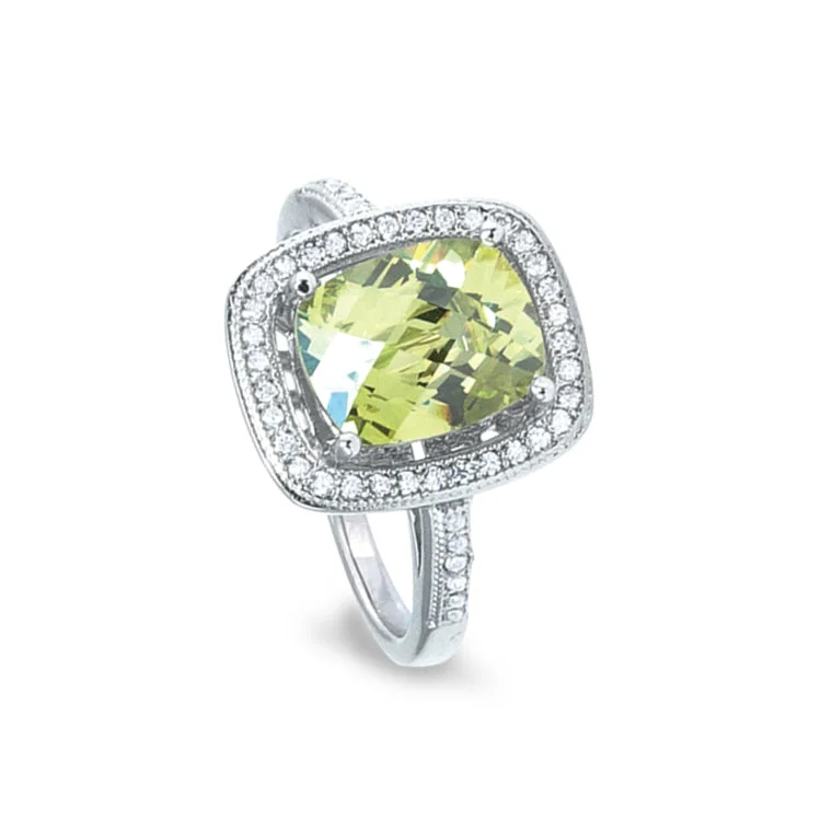 Ladies rings soft glow -Platinum Finish Sterling Silver Micropave Ring with Simulated Peridot and Simulated Diamonds