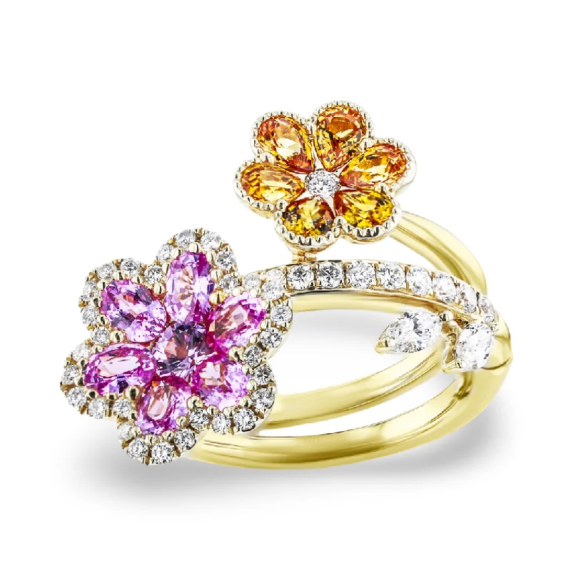 Ladies rings blend glow -JULEVE 14KT YELLOW GOLD 2.32CT COLORED SAPPHIRE & 0.68CTW DIAMOND FLOWER RING