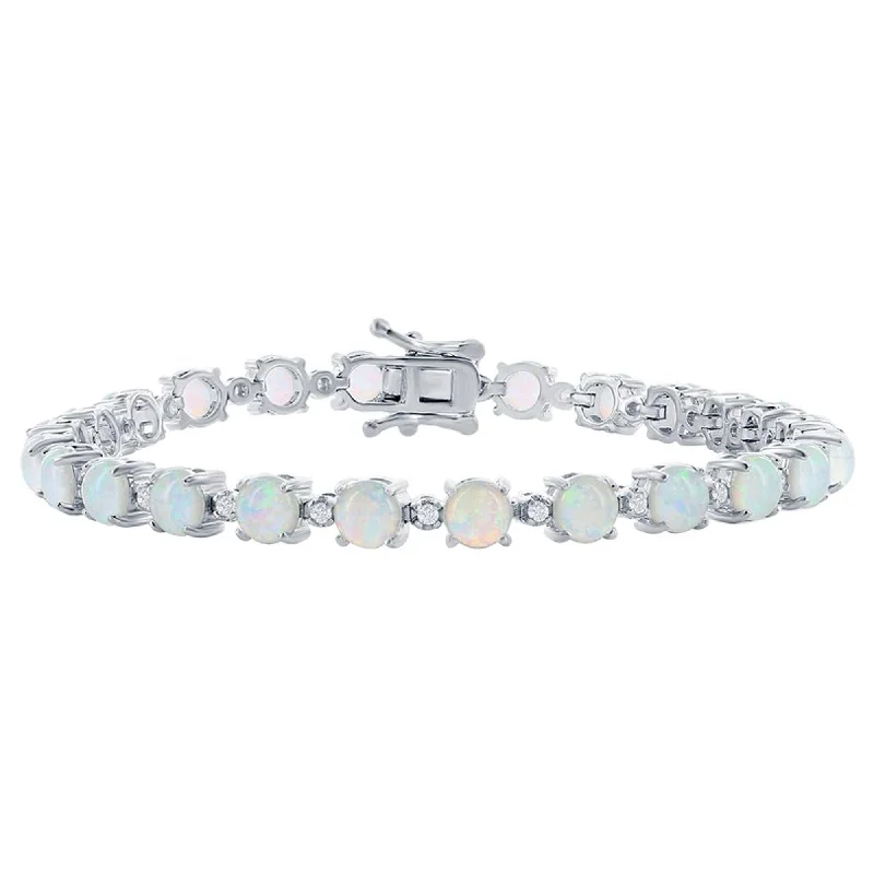 ladies bracelets link-Opalata Women's Bracelet - Silver Alternating Round White Opal and CZ Tennis | T-8088