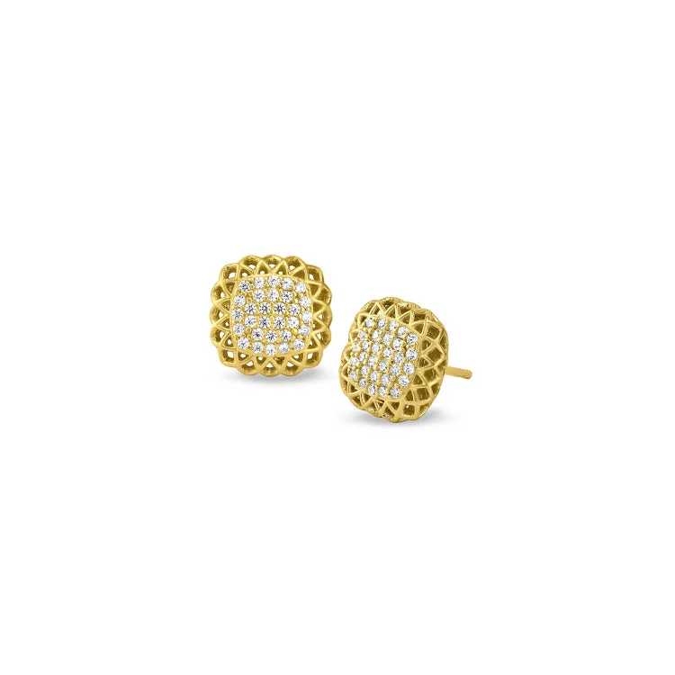 Ladies earrings neat glow -Gold Finish Sterling Silver Micropave Pillow with Filigree Edge Earrings with Simulated Diamonds