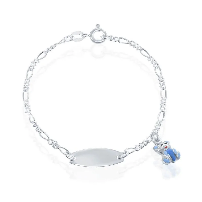 ladies bracelets investment-Sterling Silver Blue Teddy Bear Charm Kid-ID Bracelet, 6.5"