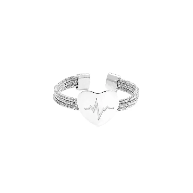 Ladies rings word shine -Rhodium Finish Sterling Silver Three Cable Cuff Ring with a Polished Heart with a Heartbeat Design.