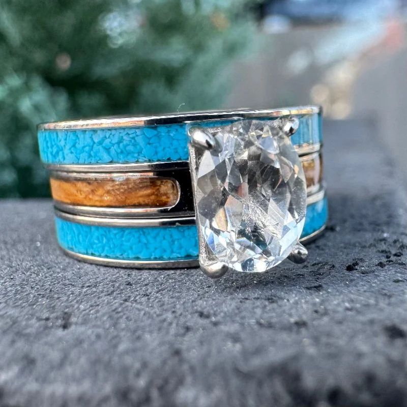 Ladies rings neon shine -The Lady Cheyenne Bridal Set” Reclaimed Bourbon Barrel Ring™ In Brilliant White Titanium With Oval Cut Genuine Topaz and Turquoise