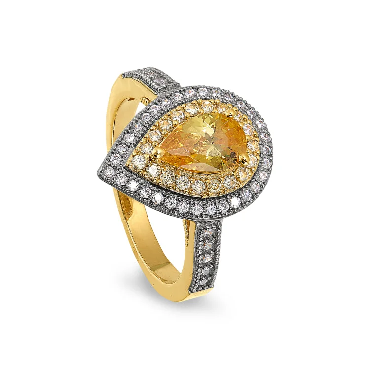 Ladies rings halo stone shine -Gold and Platinum Finish Sterling Silver Micropave Pear Shaped Ring with a Canary Colored Stone and Simulated Diamonds