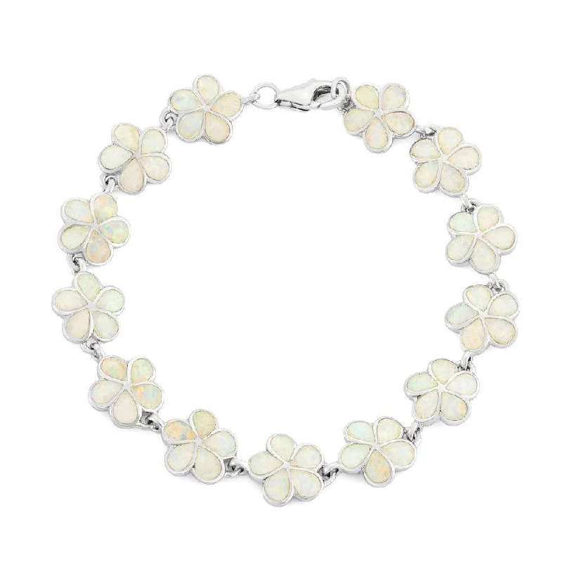 ladies bracelets shiny-Sterling Silver White Inlay Opal Flower Link Bracelet, 7"