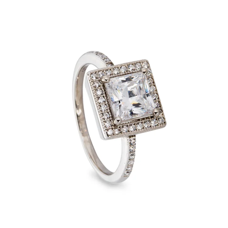 Ladies rings artisan crafted -Platinum Finish Sterling Silver Micropave Princess Cut Tiffany Style Ring with 41 Simulated Diamonds