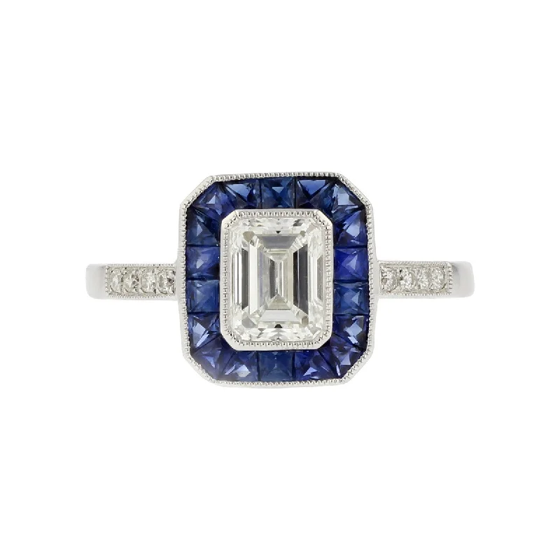 Ladies engagement rings trot glow -Emerald Cut Diamond and Sapphire Engagement Ring