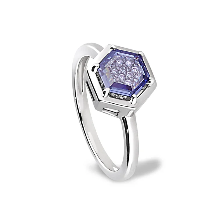 Ladies rings burst radiance -Platinum Finish Sterling Silver Flat Hexagon Synthetic Tanzanite Ring with Simulated Diamonds - Size 9