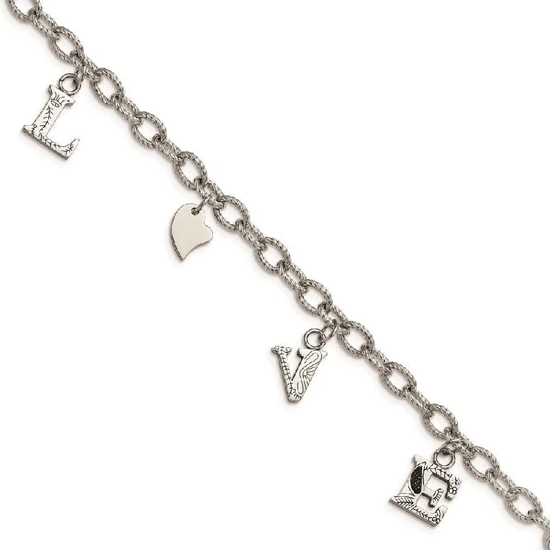 ladies bracelets branded-Stainless Steel Polished and Textured LOVE Charm Bracelet