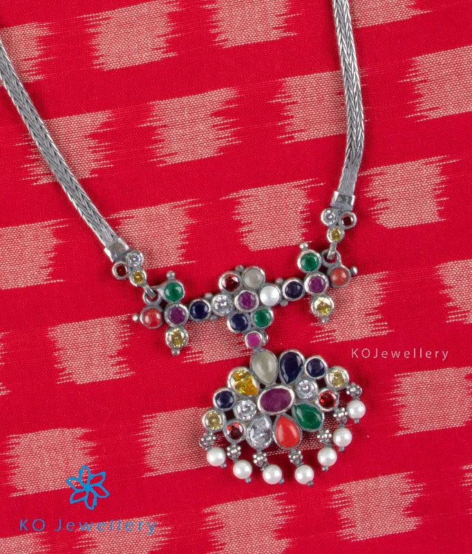 ladies necklaces beaded-The Mithuna Silver Navratna Necklace (Oxidised)