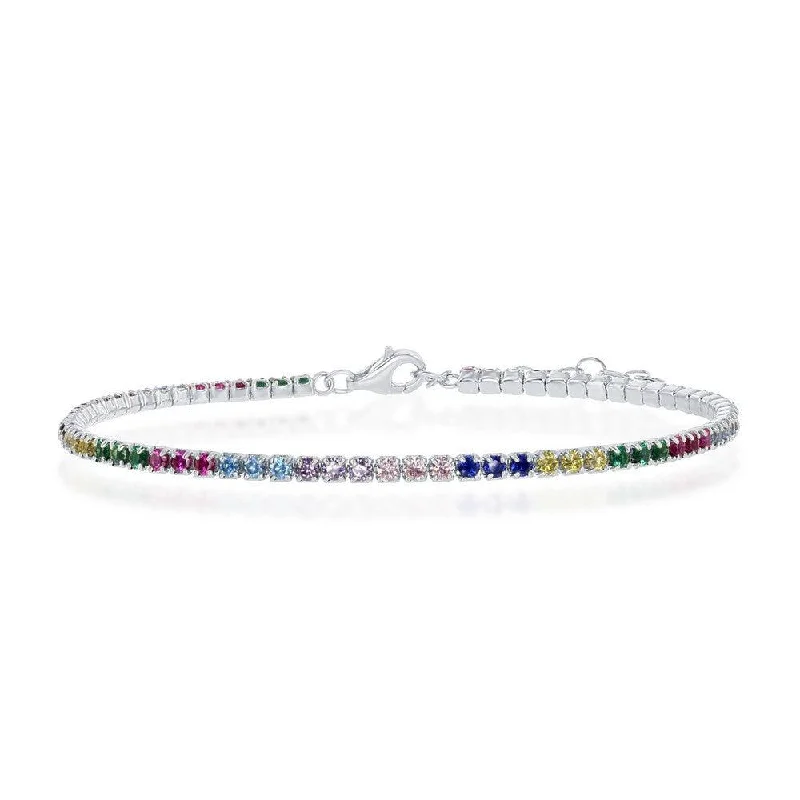 ladies bracelets everyday wear-Sterling Silver Rainbow CZ Tennis Bracelet