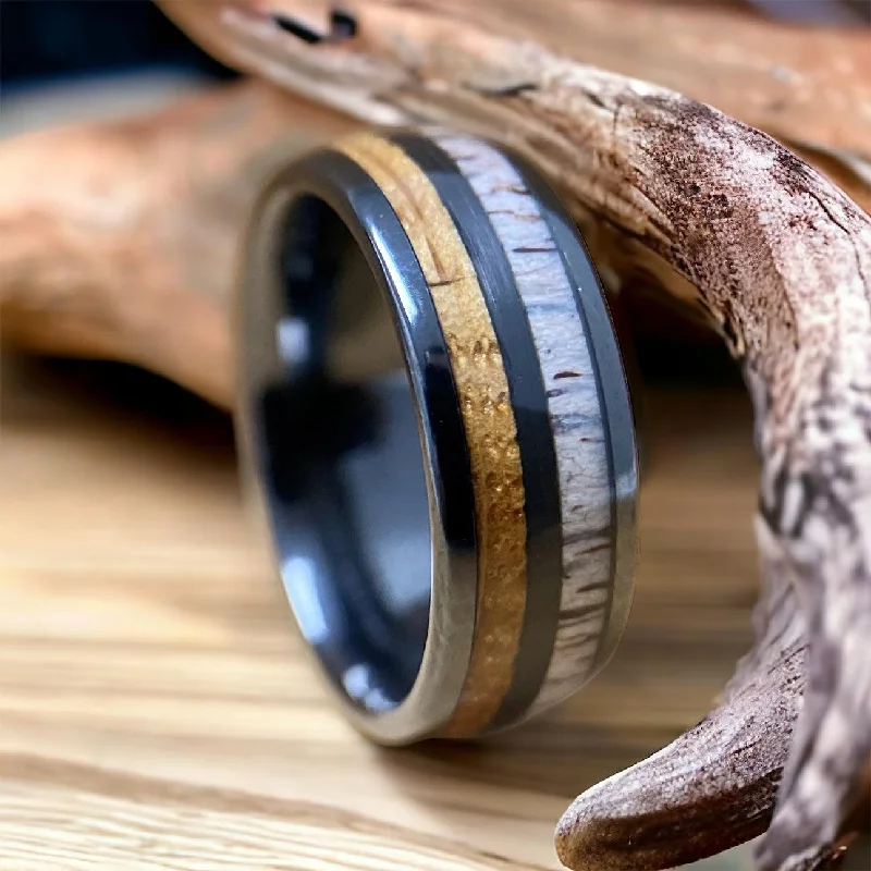 Ladies rings blend glow -"The Daniel Boone" Kentucky Straight Bourbon Whiskey Barrel Black Ceramic Ring With Antler