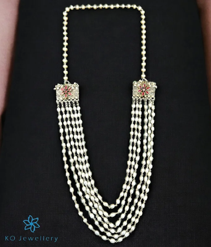 ladies necklaces bohemian-The Meghaja Silver Layered Pearl Necklace (Oxidised)