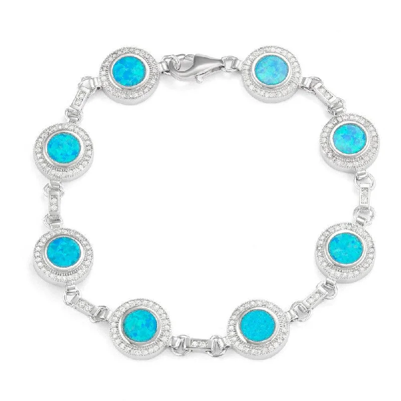 ladies bracelets chic-Sterling Silver Round Blue Opal with Micro Pave CZ Bracelet