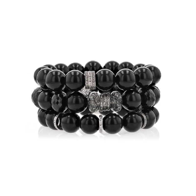 ladies bracelets delicate-Midnight Onyx and Quartz Bracelet Stack : BNDL12