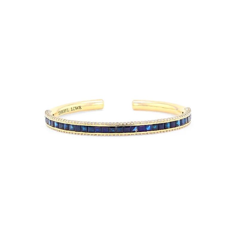 ladies bracelets chakra-14k Yellow Gold Cuff Bracelet with Princess Cut Sapphires and Diamonds  BG000496