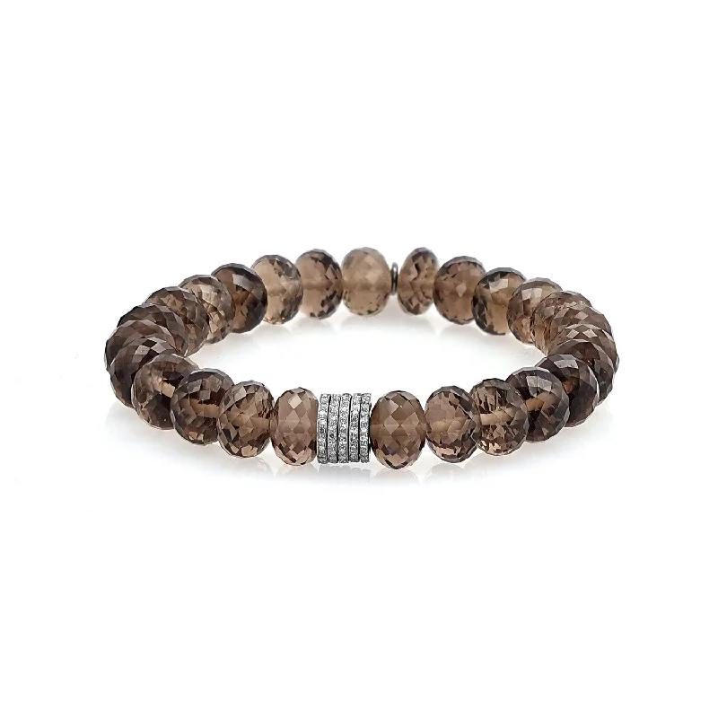 ladies bracelets affordable luxury-Smokey Quartz Faceted Bead Bracelet with 5 Diamond Rondelles - 10mm : B0003563