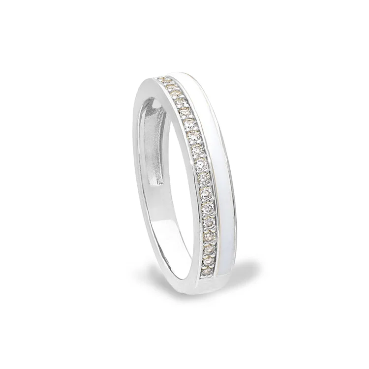 Ladies rings silver radiance band -Platinum Finish Sterling Silver Micropave Ring with with White Enamel and Simulated Diamondss