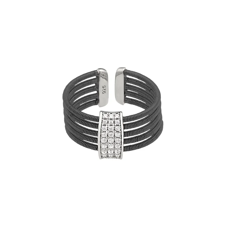 Ladies rings rise glow -Black Rhodium Finish Sterling Silver Multi Cable Cuff Ring with Rhodium Finish Simulated Diamond Three Rows