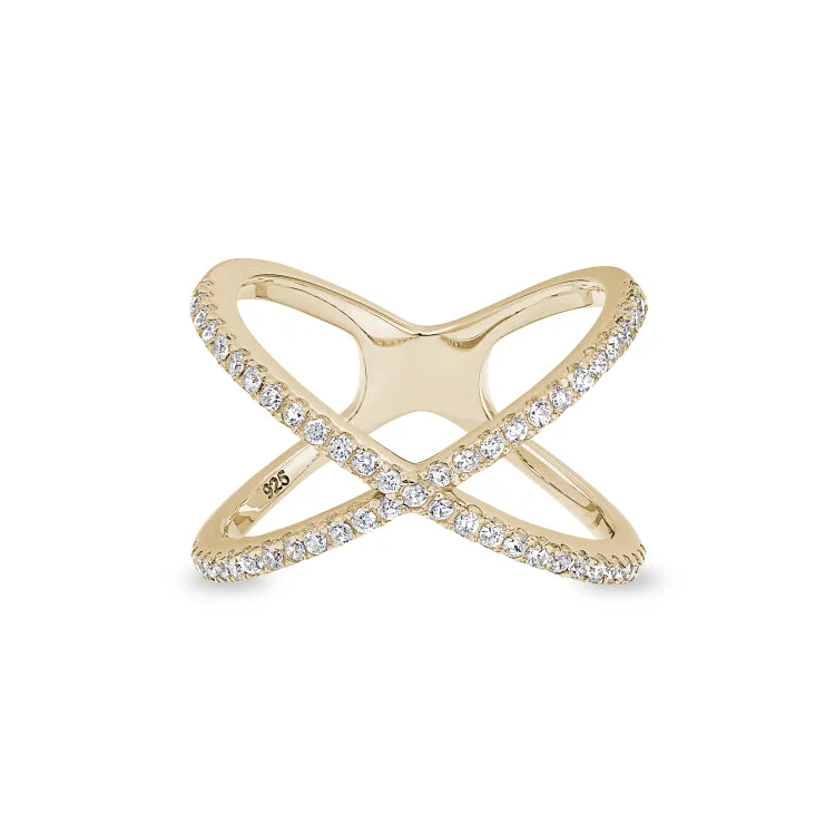 Ladies rings kind radiance -Gold Finish Sterling Silver Micropave Criss-Cross Ring with Simulated Diamonds