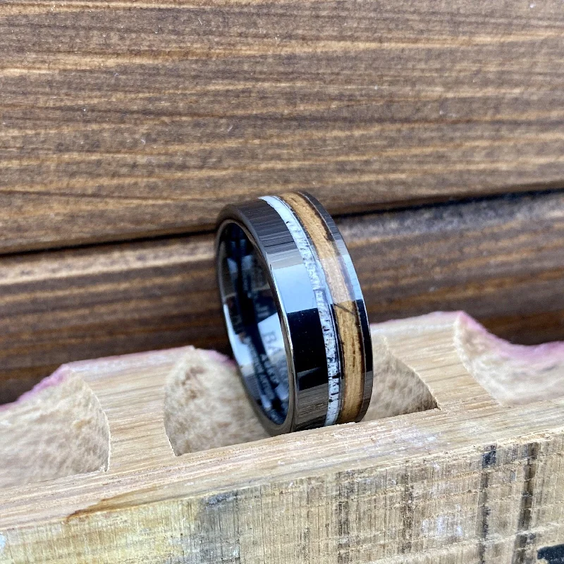 Ladies rings nuptial radiance -"The Huntsman" 100% USA Made Build Your Own Ring Black Diamond Ceramic Pipe Cut Band with Off-Center Wood Inlay, And Antler Inlay