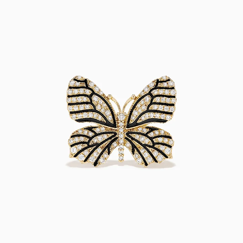 Ladies rings rim glow -Nature 14K Yellow Gold Black and White Diamond Butterfly Ring