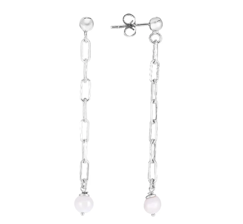 Ladies earrings indie glow -Silver Pearl Chain Straight Drop Earrings