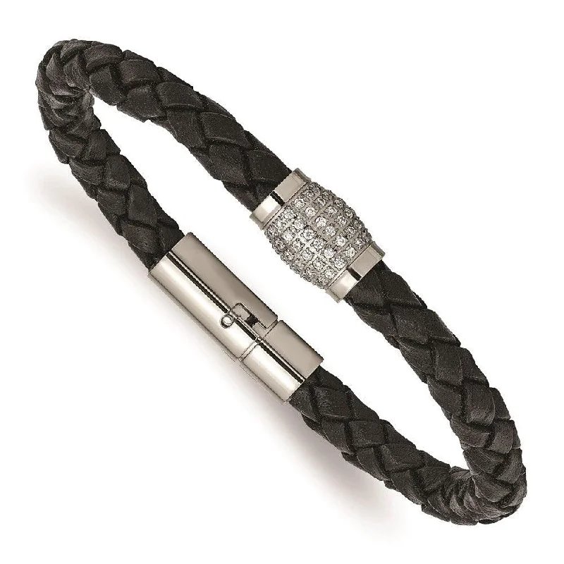 ladies bracelets upcycled-Titanium Polished CZs Black Leather Bracelet