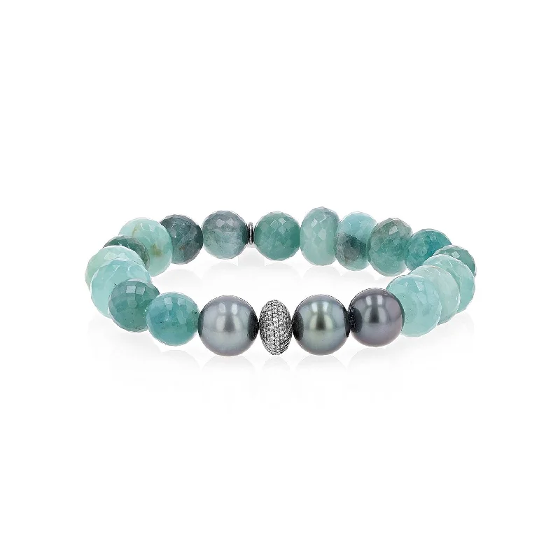 ladies bracelets ethical-Grandidierite and Tahitian Pearl Mix Bracelet with 1 Diamond Donut - 10mm  B0003387