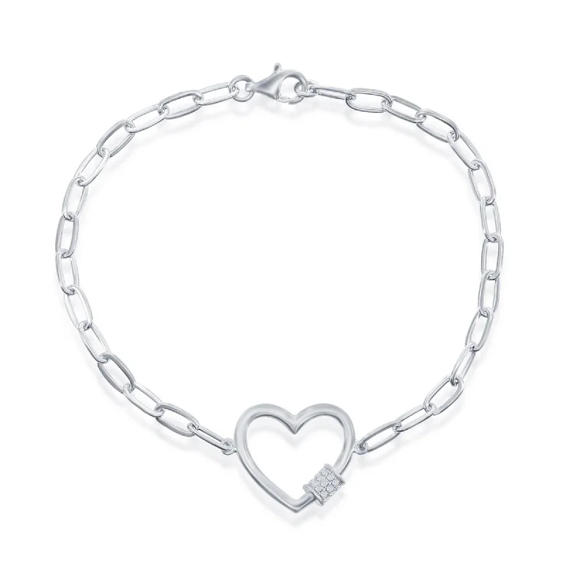 ladies bracelets surprise-Classic Women's Bracelet - Sterling Silver Heart with CZ Rod Paperclip Link | T-7965