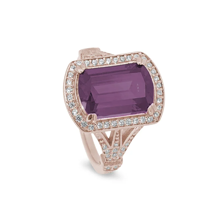 Ladies rings tie radiance -Rose Gold Finish Sterling Silver Micropave Emerald Cut Pink Stone Ring with Simulated Diamongs