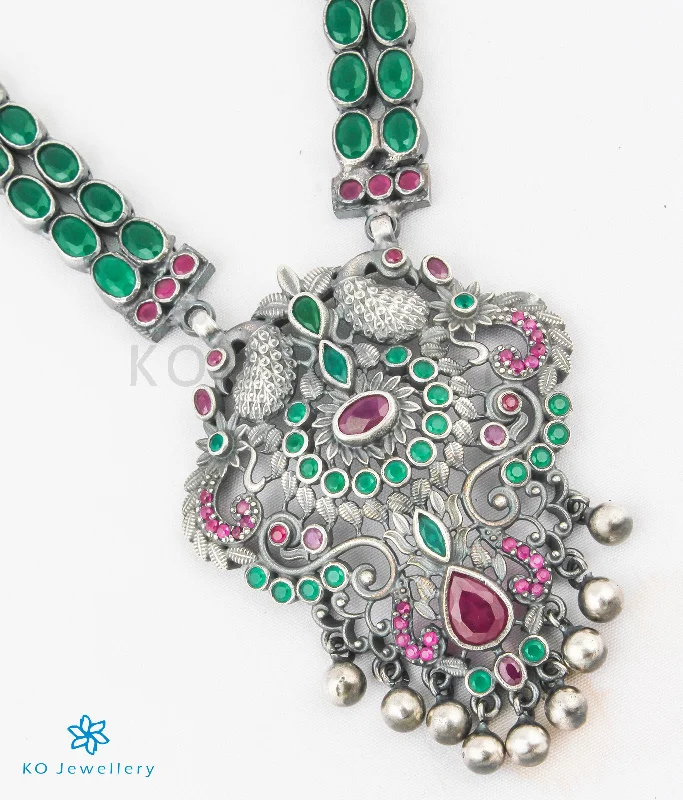 ladies necklaces upcycled-The Madhurya Silver Peacock Kempu Necklace (Oxidised)