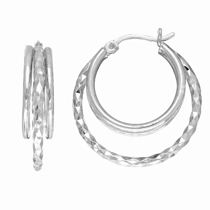 Ladies earrings save charm -Silver Three Row Diamond Cut and Polished Hoop Earring