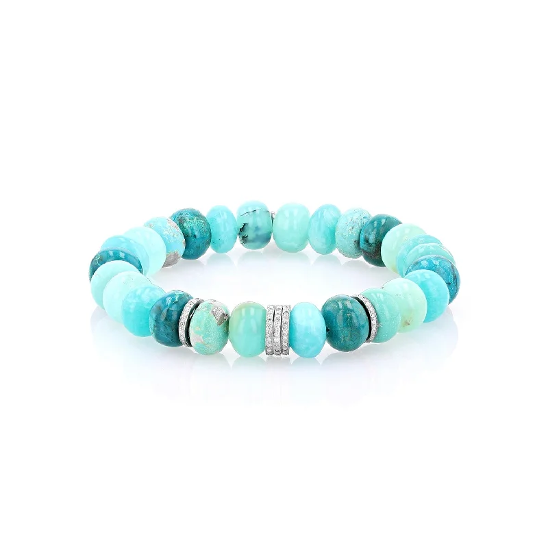 ladies bracelets sterling silver-Blue Gemstone Mix Bracelet with 5 Diamond Rondelles - 10mm B0003716