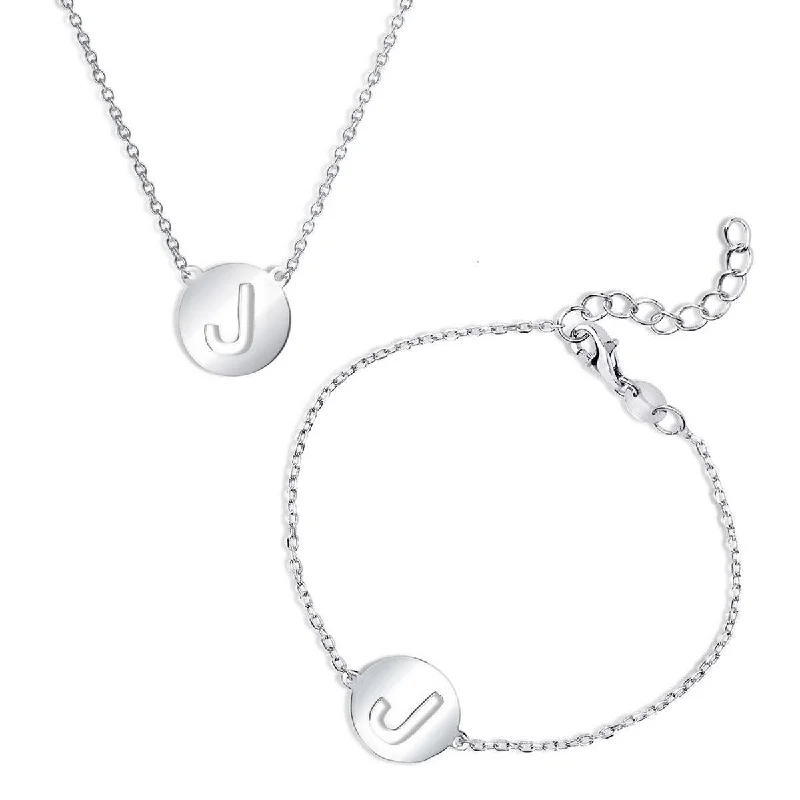 ladies bracelets nostalgia-Classic Women's Bracelet and Necklace Set - Cut-Out Shiny J Disc Initial | SET-509