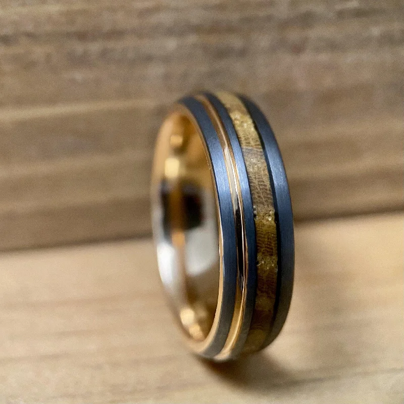 Ladies rings cubic shine band -“Lady roses” Tungsten Ring With Reclaimed Bourbon Barrel Wood