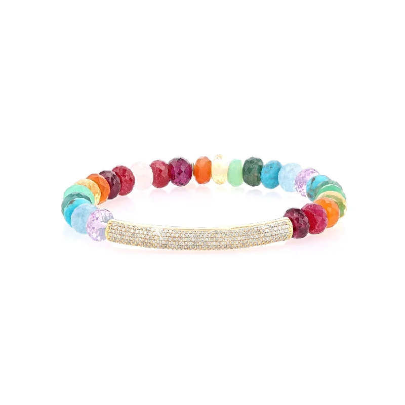 ladies bracelets rustic-Rainbow Gemstone Mix Faceted Bracelet with 14K Gold Pave Diamond Bar - 8mm  BG000807