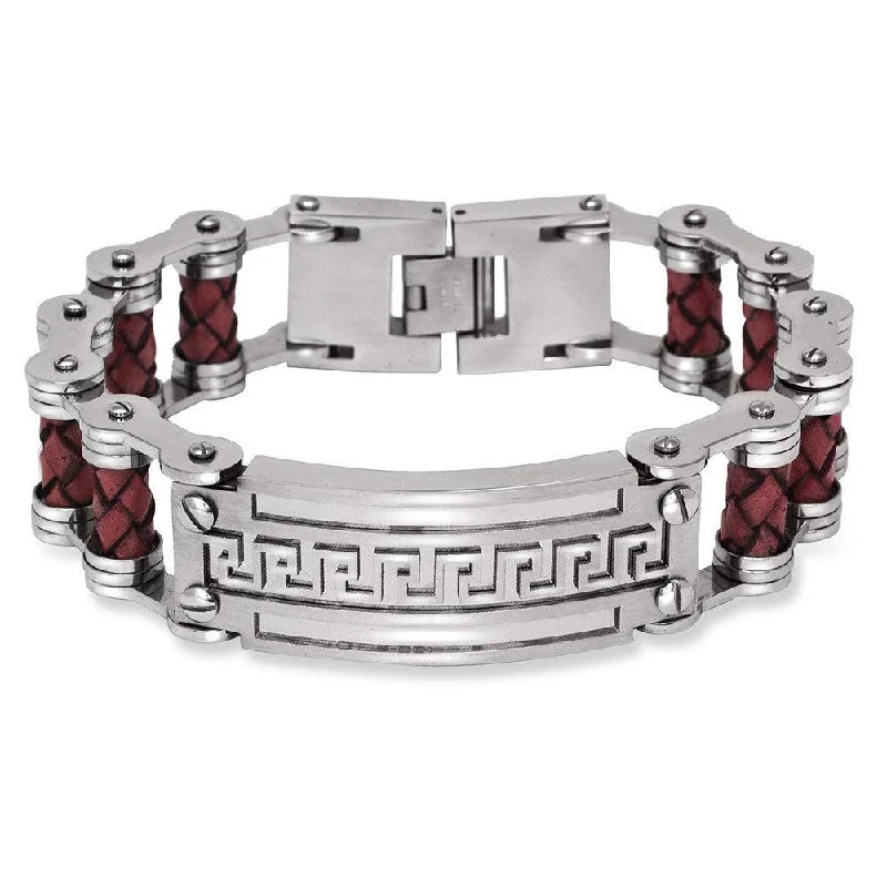 ladies bracelets presentation-Stainless Steel Wide Red Braided Leather Greek Key Bar Bracelet