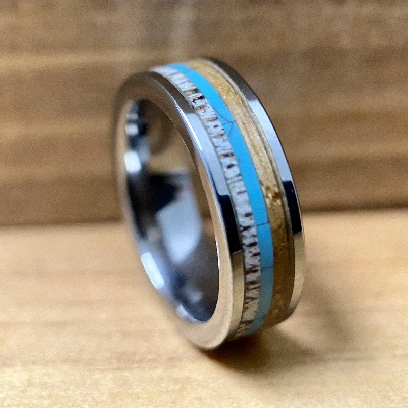 Ladies rings hope charm -“The Lady Westerner” 6mm Tungsten Ring With Reclaimed Bourbon Barrel, Antler and Turquoise