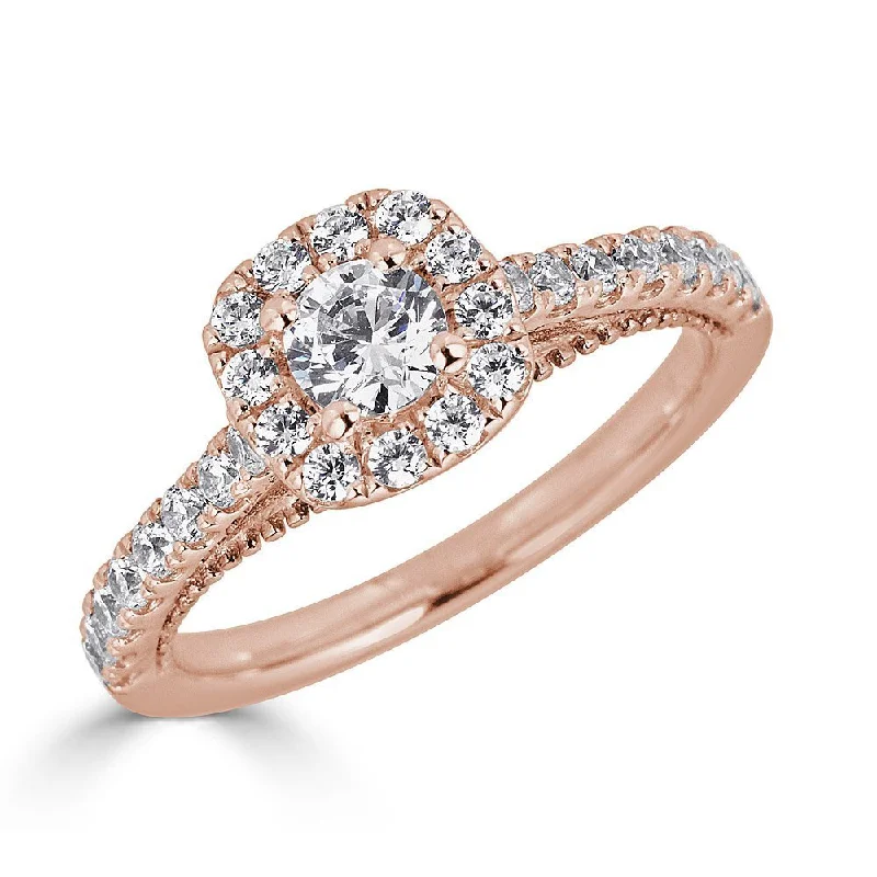 Ladies rings luxe radiance -JULEVE 14KT GOLD 3/4 CTW DIAMOND CUSHION HALO CATHEDRAL RING