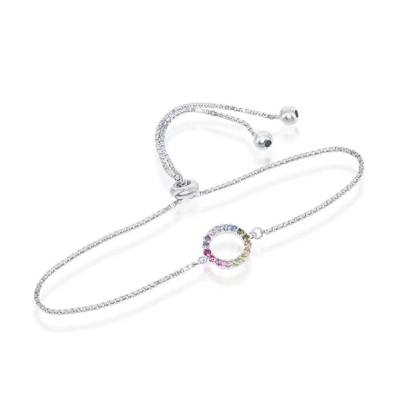 ladies bracelets lightweight design-Sterling Silver Rainbow CZ Open Circle with Box Chain Bracelet