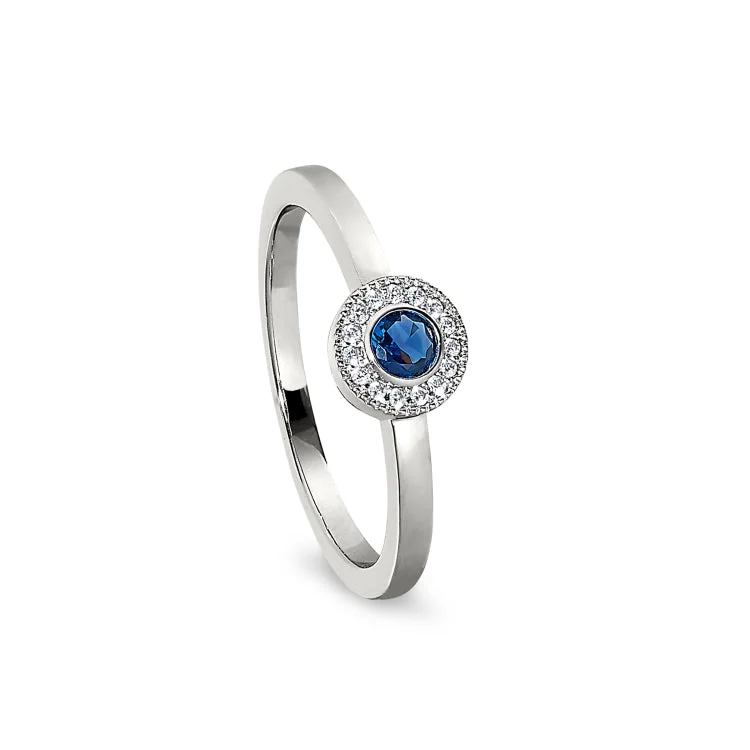 Ladies rings zest radiance -Platinum Finish Sterling Silver Micropave Round Simulated Sapphire Ring with Simulated Diamonds Size 8