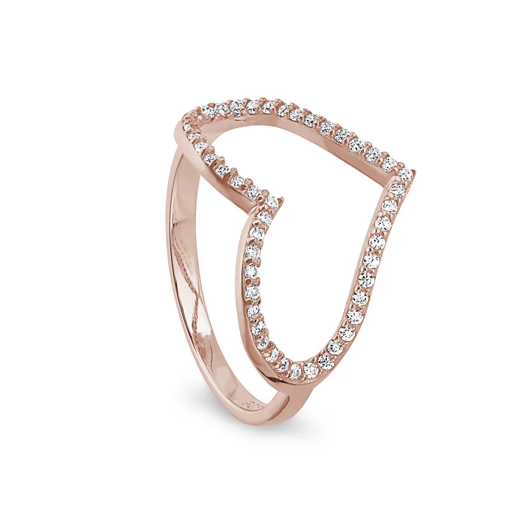 Ladies rings craft charm -Rose Gold Finish Sterling Silver Micropave Open Heart Ring with Simulated Diamonds