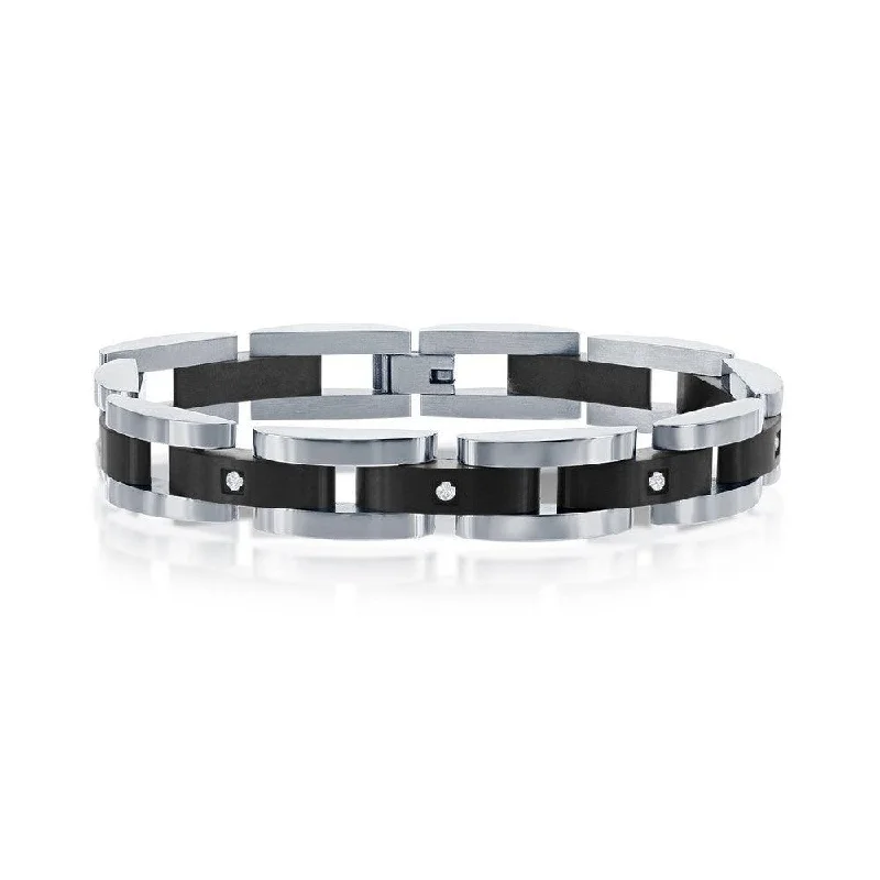 ladies bracelets jewelry box-Stainless Steel Black with 5 CZ's Link Bracelet, 8.5"