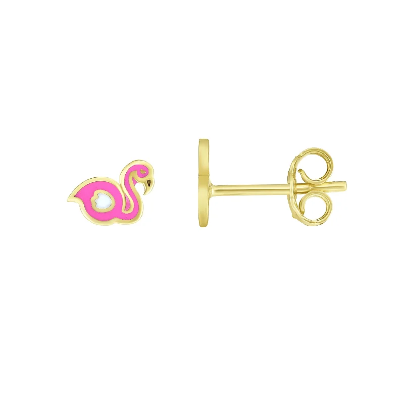 Ladies earrings tide shine -14K Gold Enamel Flamingo Stud Earring