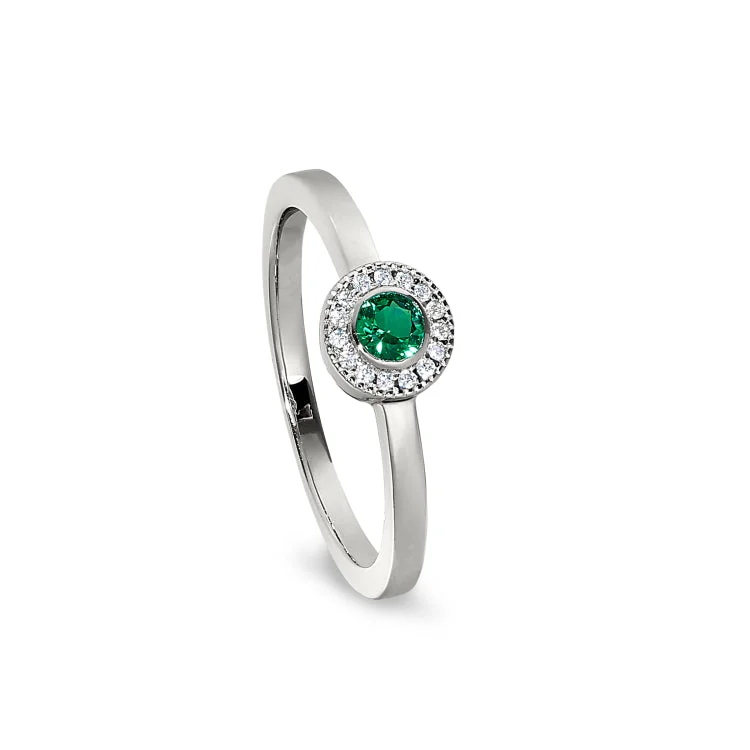 Ladies rings star shine -Platinum Finish Sterling Silver Micropave Round Simulated Emerald Ring with Simulated Diamonds Size 4