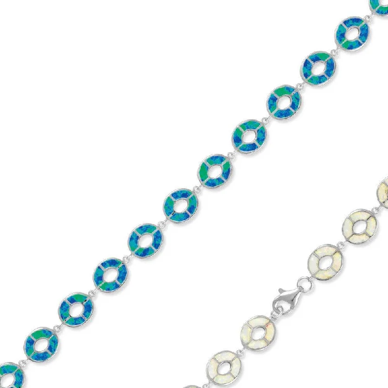 ladies bracelets industrial-Sterling Silver White Inlay Opal Open Round Link Bracelet, 7"